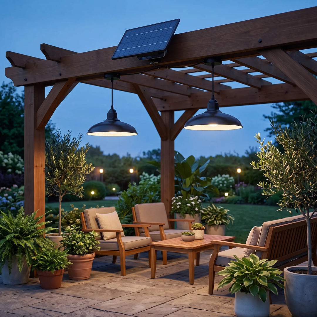 Outdoor solar pendant light for sheds. Wireless, eco-friendly LED lighting for gardens.