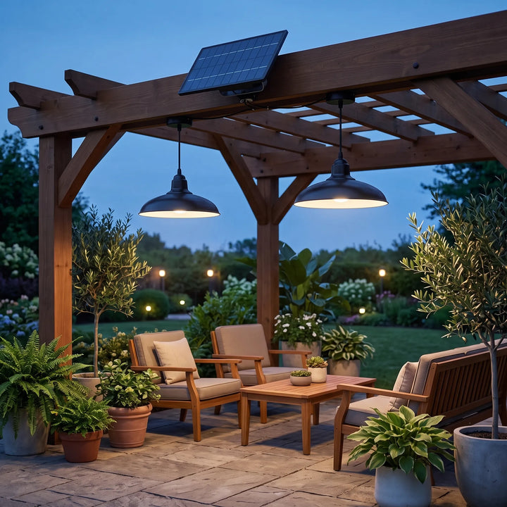 Outdoor solar pendant light for sheds. Wireless, eco-friendly LED lighting for gardens.