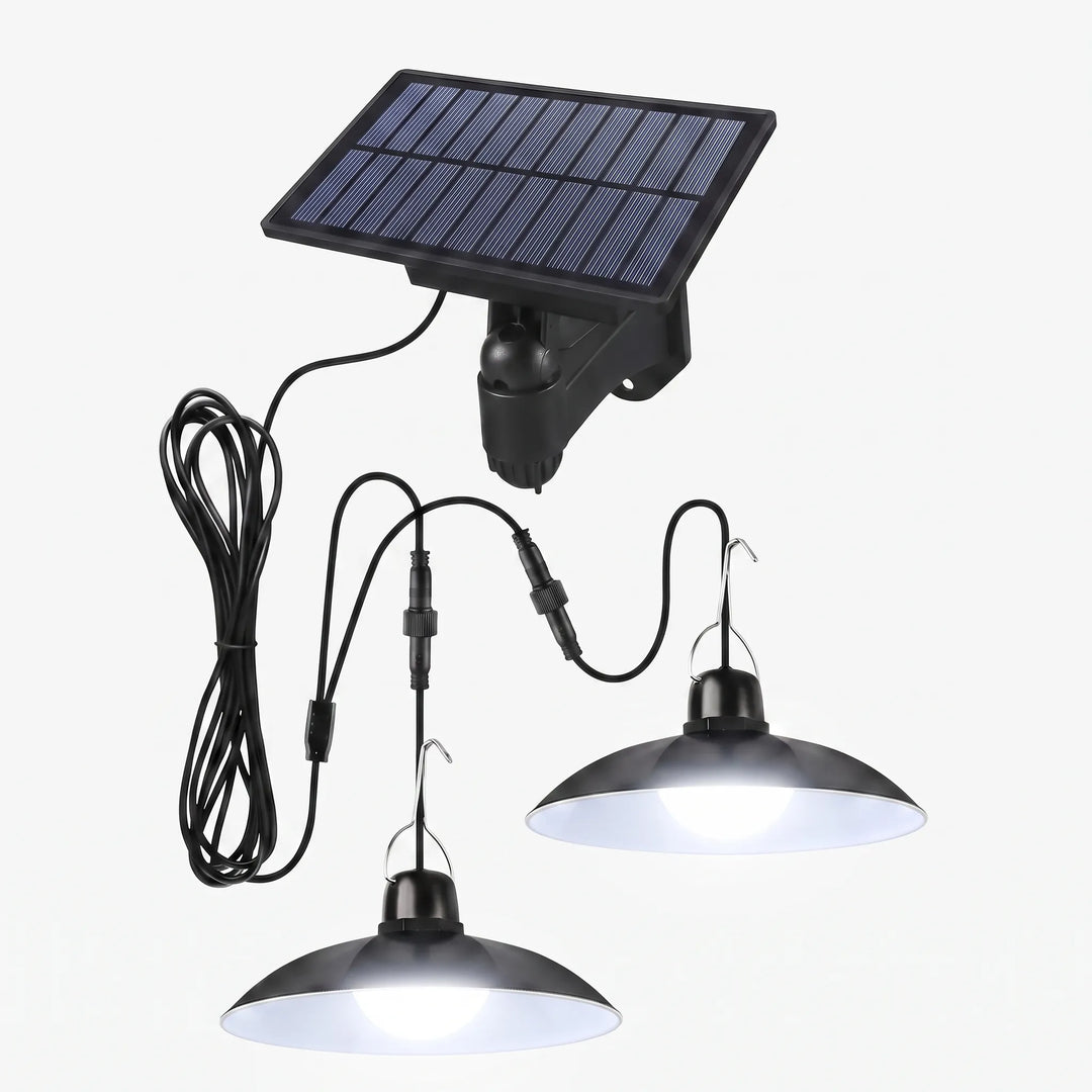 Wireless solar LED pendant light, perfect for illuminating gazebos. Remote-controlled outdoor fixture.
