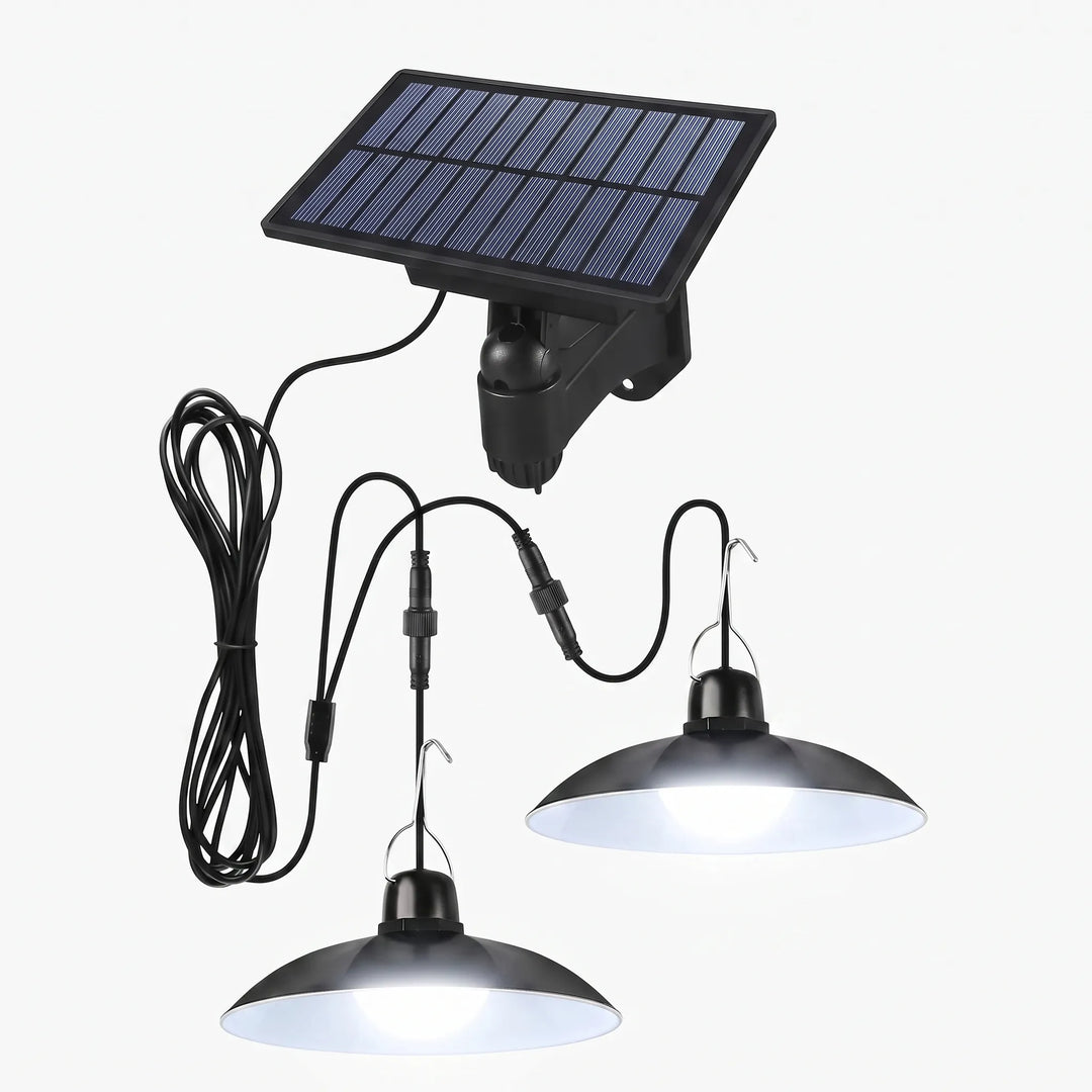 Easy-install solar LED pendant light for garden sheds. Wireless, bright outdoor lighting solution.