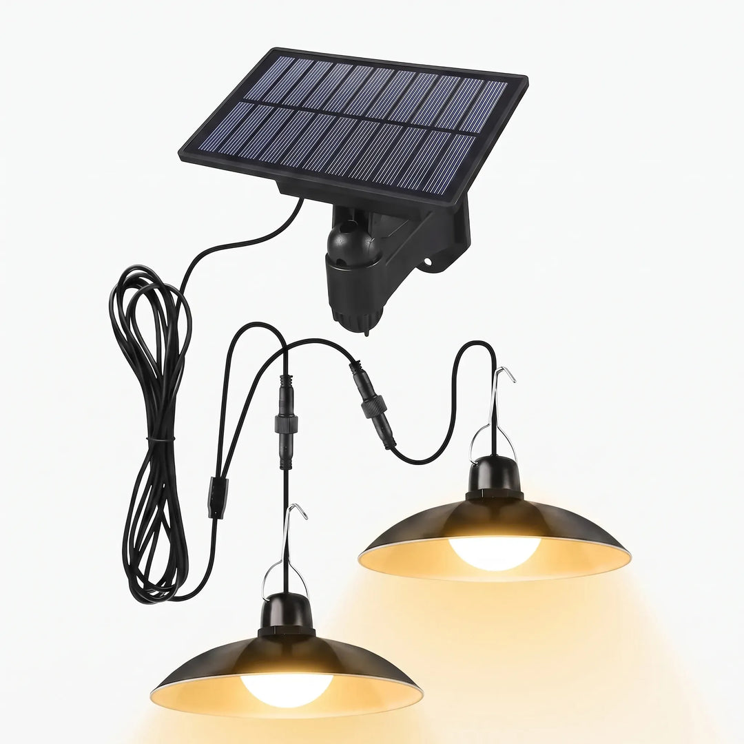 Versatile outdoor solar pendant light for patios, gazebos & garden areas. Modern design, remote control.