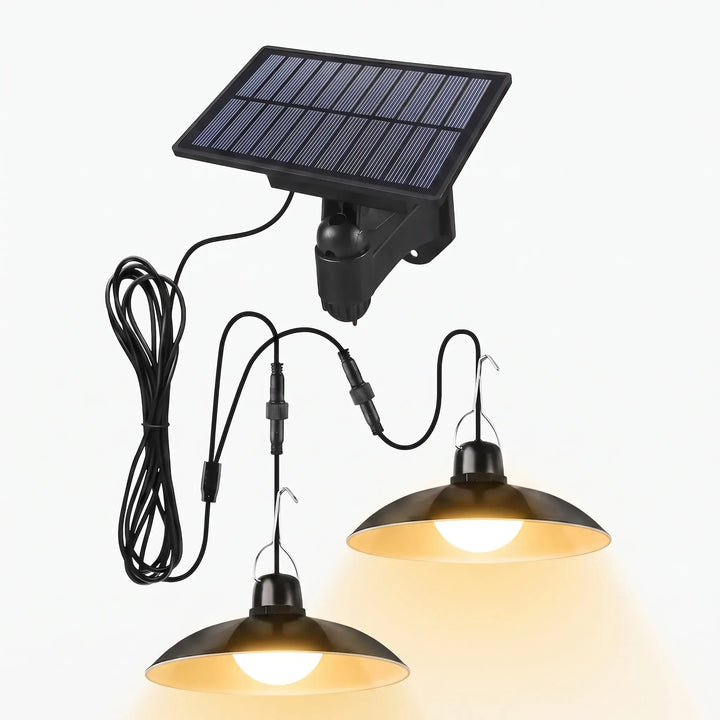 Versatile outdoor solar pendant light for patios, gazebos & garden areas. Modern design, remote control.