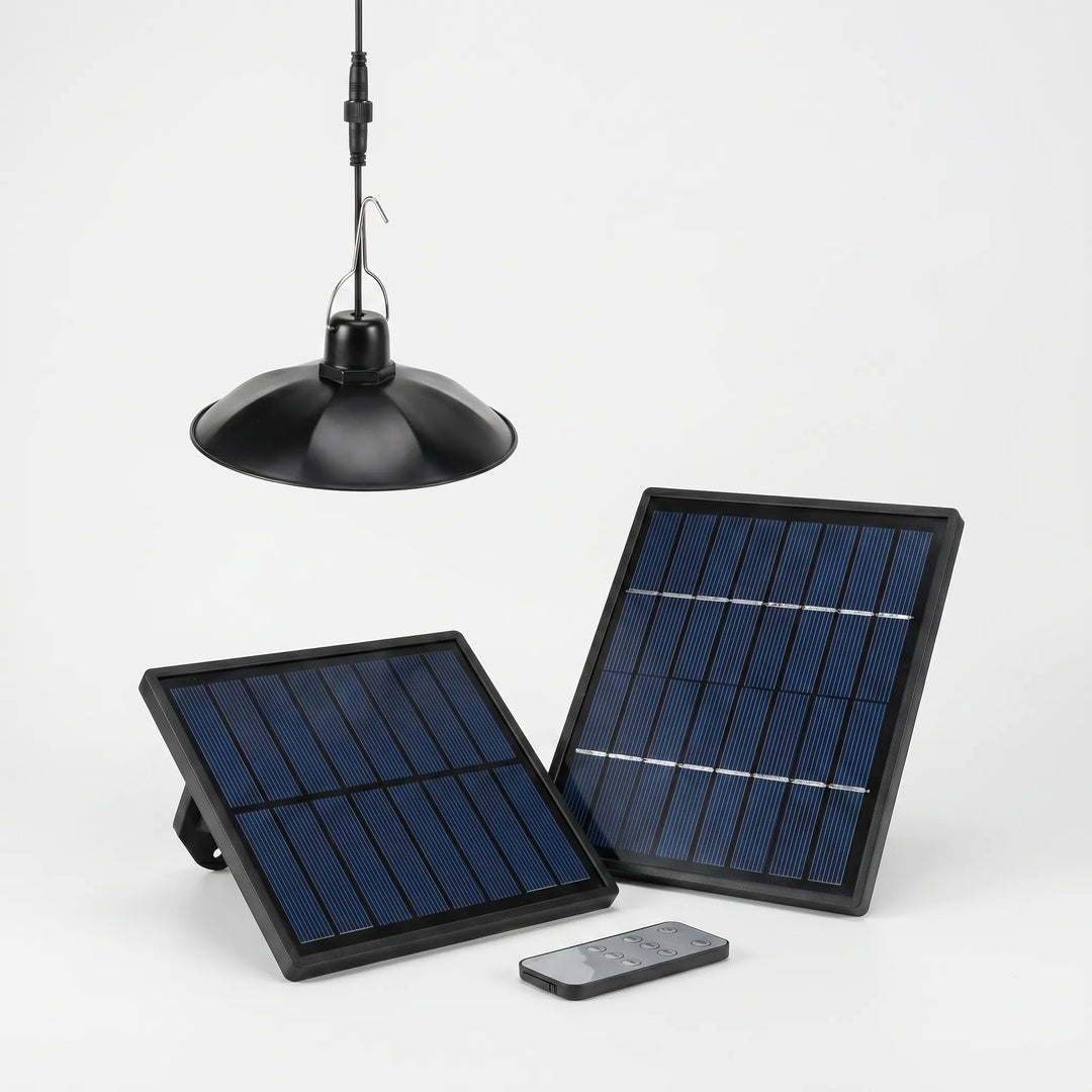Bright solar LED pendant light, wireless and energy-saving for sheds. Eco-friendly outdoor illumination.