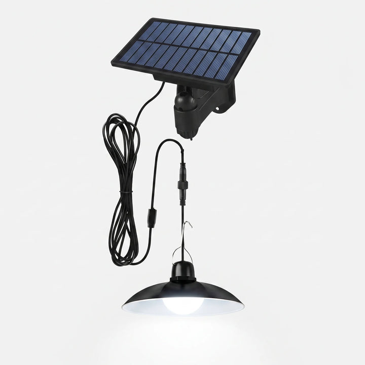 Modern solar pendant light with remote, perfect for outdoor gazebo lighting. Durable, weatherproof design.