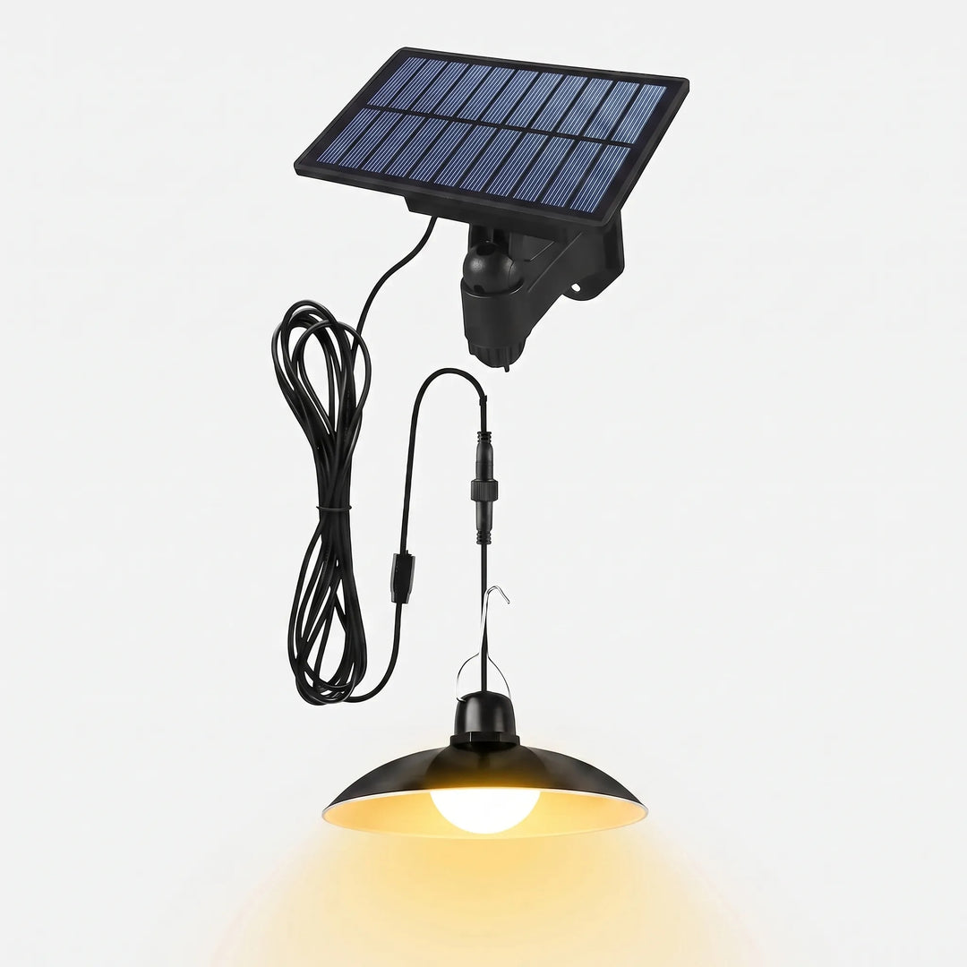 Weatherproof solar pendant light, ideal for illuminating outdoor sheds. Wireless, remote-controlled LED.
