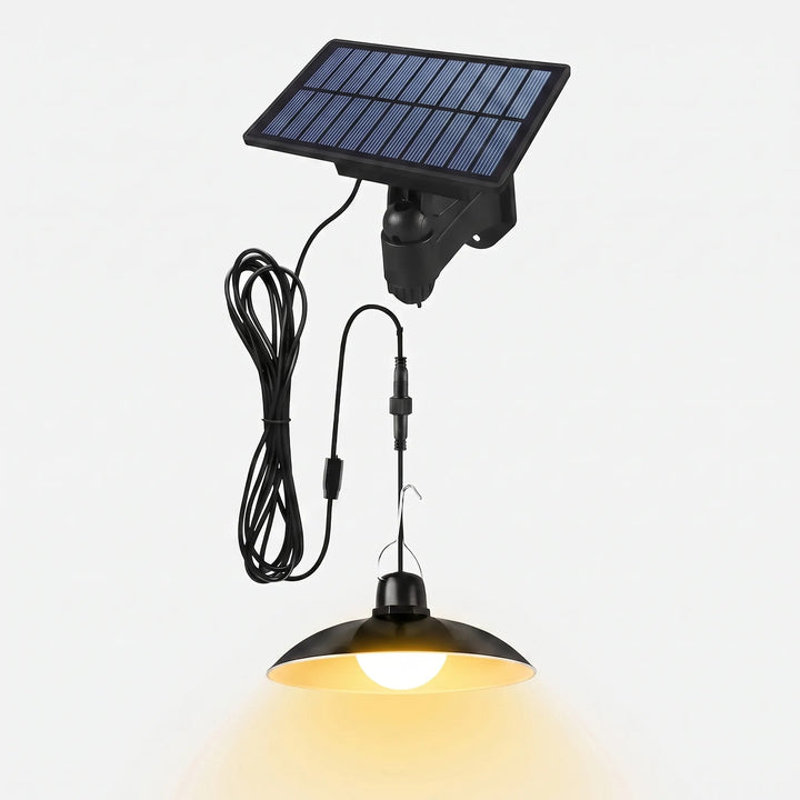 Weatherproof solar pendant light, ideal for illuminating outdoor sheds. Wireless, remote-controlled LED.
