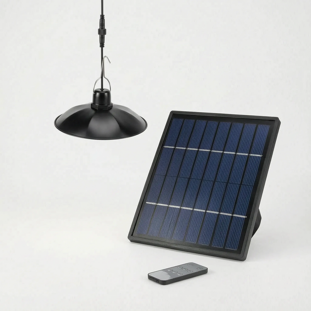 Remote-controlled outdoor solar LED pendant, no wiring needed for sheds or gazebos. Sustainable lighting.