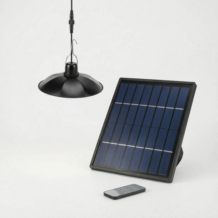 Remote-controlled outdoor solar LED pendant, no wiring needed for sheds or gazebos. Sustainable lighting.