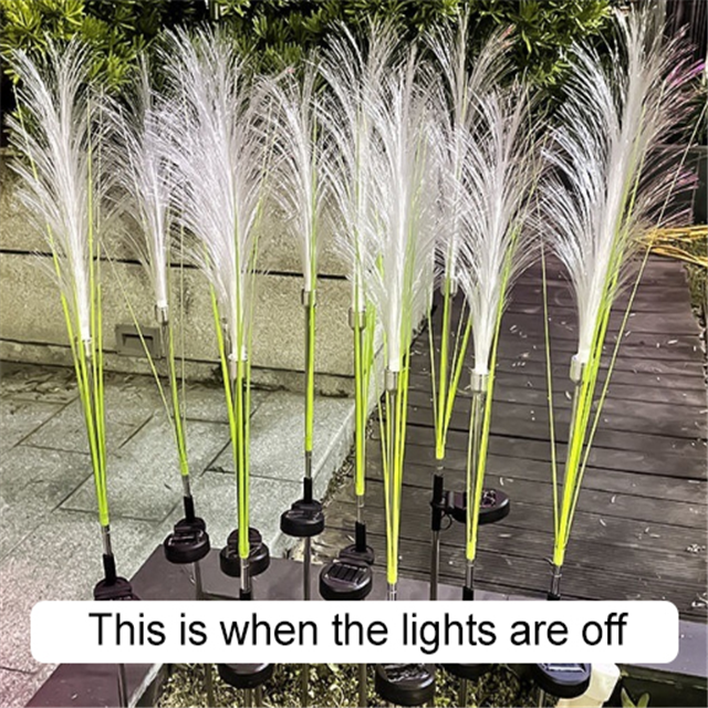 Pathway lined with multiple solar reed lights, showcasing their bright, firework-like glow.