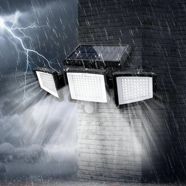Outdoor solar security light with motion sensor, remote control, & powerful LED floodlight for garden & entrance.