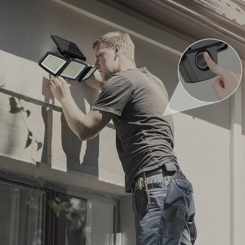 Energy-saving waterproof solar motion sensor LED light, ideal for outdoor security, garden, and entrance lighting.