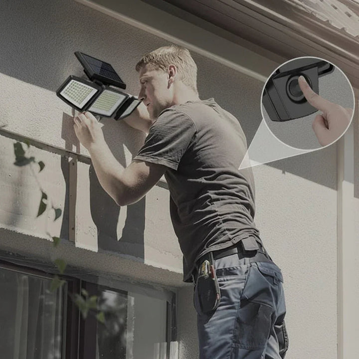 Energy-saving waterproof solar motion sensor LED light, ideal for outdoor security, garden, and entrance lighting.