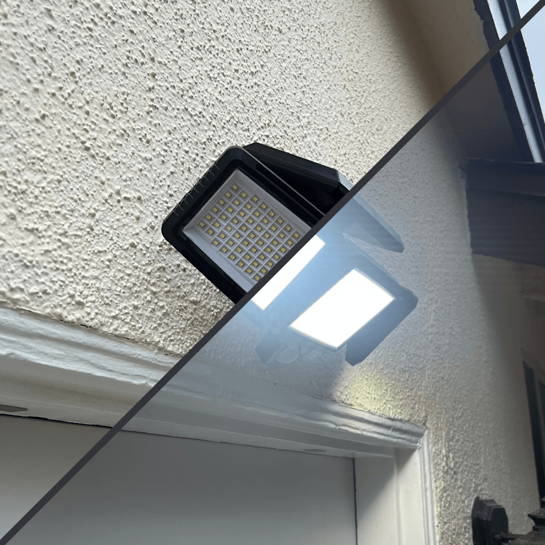 Remote-controlled outdoor solar security floodlight with motion sensor, providing bright LED lighting for safety.
