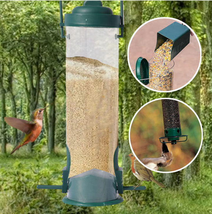 Decorative squirrel-proof bird feeder, blending into garden landscape, a practical pet supply