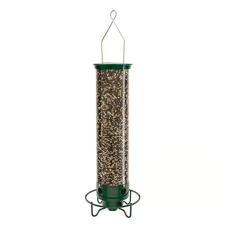Modern squirrel-proof bird feeder with wide feeding tray, accommodating multiple wild birds outdoors