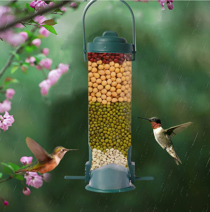 Squirrel-proof bird feeder with green metal dome and seed tray, ideal for wild birds, garden decor