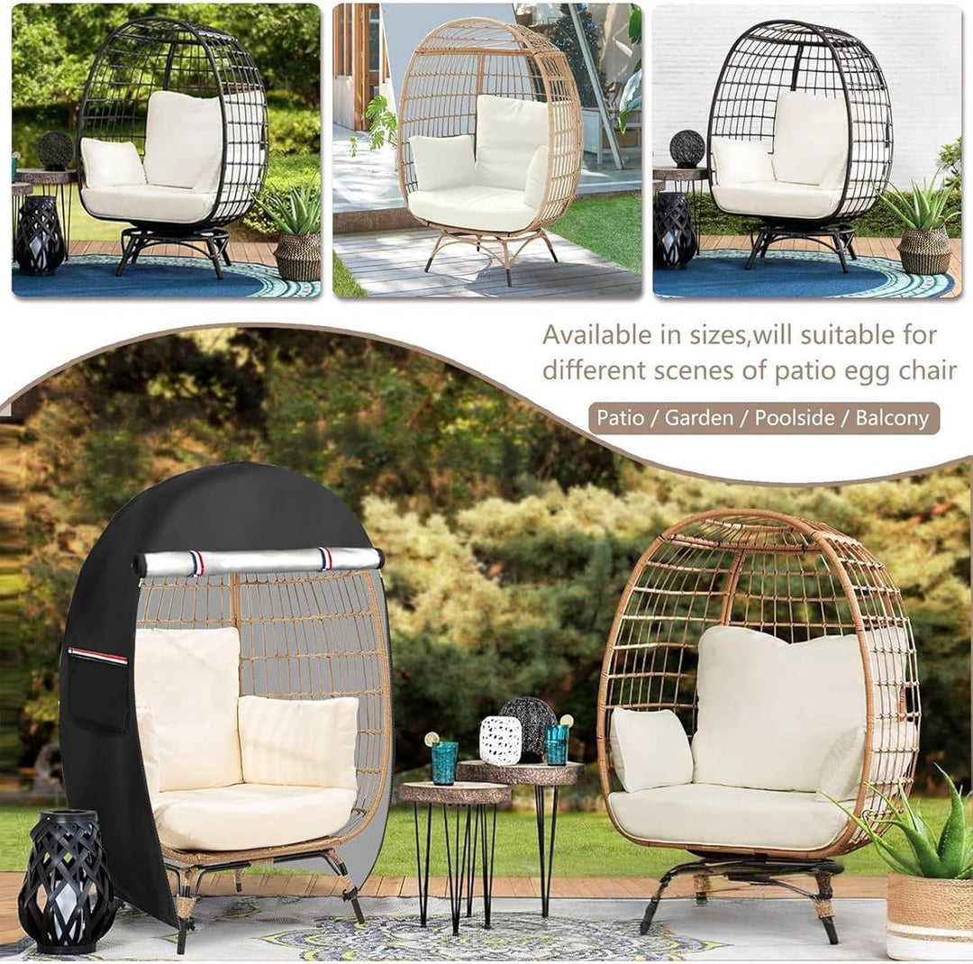 Protective egg chair cover, outdoor use, waterproof, UV resistant, with smooth double zipper access.