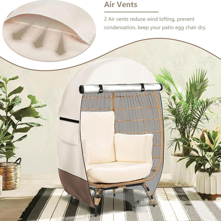 Weather-resistant egg chair cover, UV protected, secure double zipper for outdoor patio furniture.