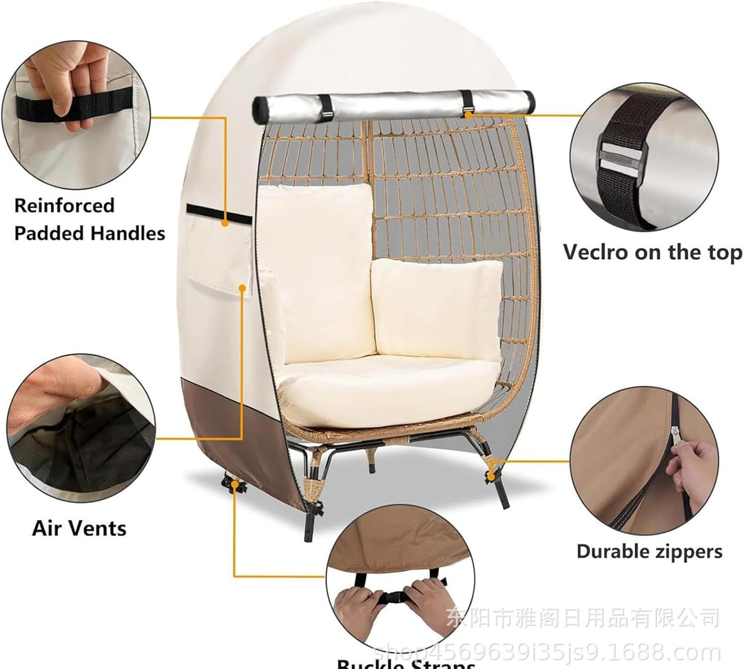 UV resistant egg chair cover, waterproof, protects outdoor swing chair with convenient double zipper.
