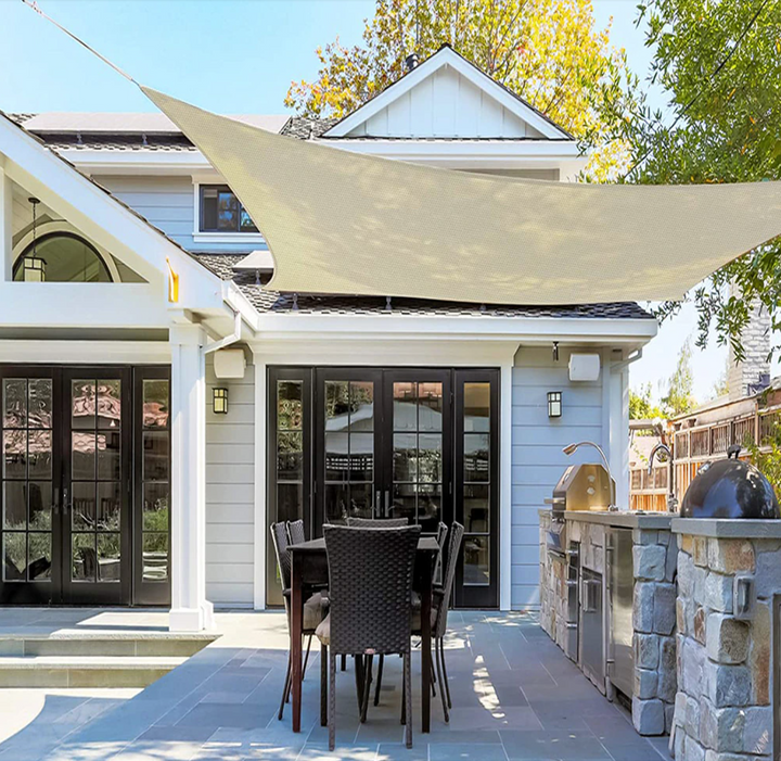 Stylish terrace shade sail, perfect for summer outdoor living. Waterproof and UV resistant canopy.