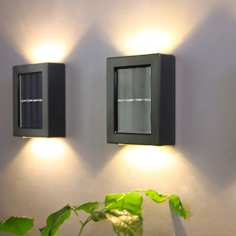 Wireless solar LED wall lamp for outdoor use, perfect for garden decor, security lighting & energy saving.