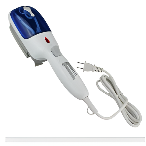 Close-up of portable garment steamer's powerful steam jet, ensuring quick wrinkle removal for all fabrics.