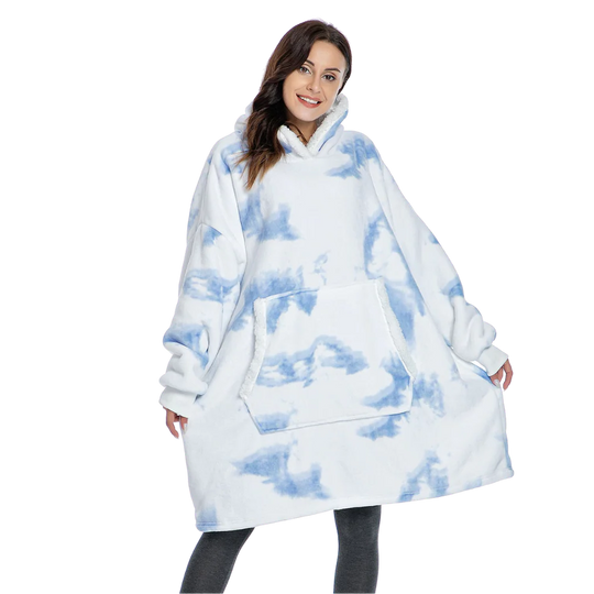 Comfortable wearable blanket hoodie in a light blue, offering soft touch & winter essential warmth.