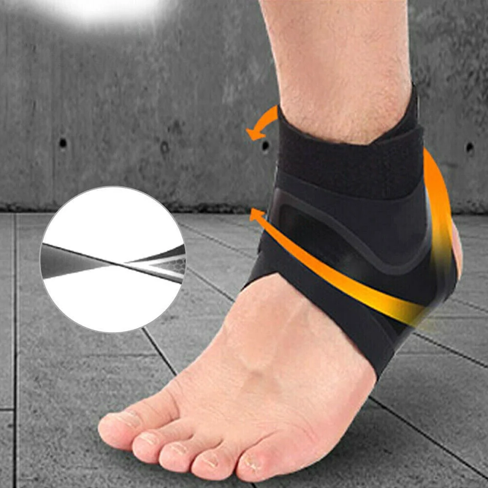 Black compression ankle brace offering pain relief and support for sprained ankles and tired feet.
