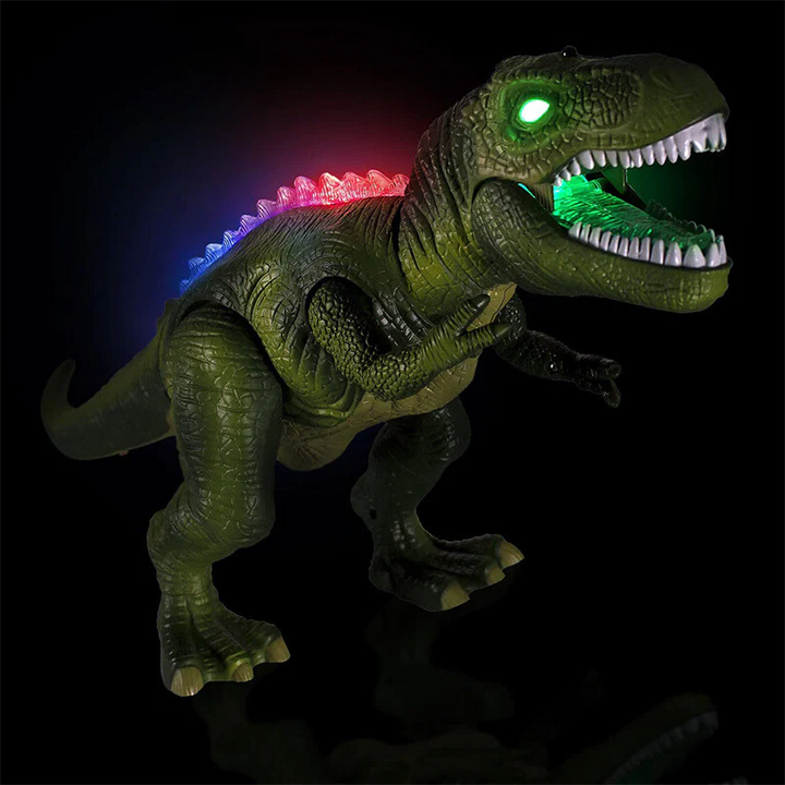 Remote control T-Rex dinosaur toy featuring realistic walking action, LED lights, and roaring sound effects.