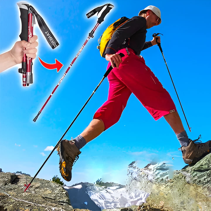 Pair of unisex adjustable trekking poles, foldable & lightweight. Essential gear for hiking, walking, & trail adventure.
