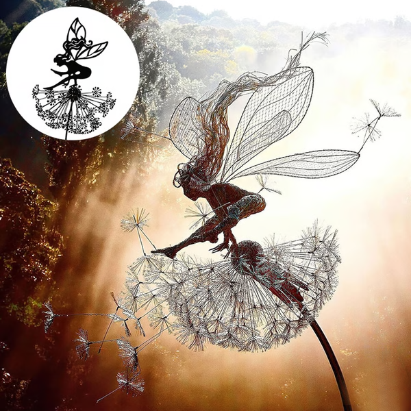 Whimsical steel fairy sculpture, perfect garden decor for outdoor patios, lawns, or indoor mystical home accents.