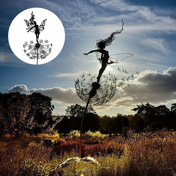Elegant steel fairy garden sculpture, ideal whimsical outdoor lawn ornament or unique indoor metal art gift.