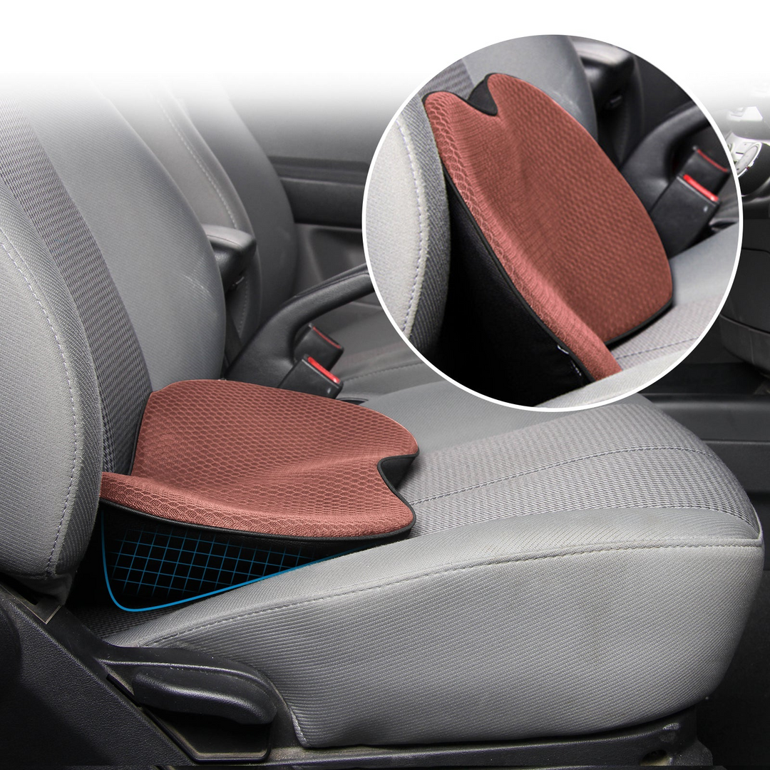 Breathable car booster seat with washable cover for driving comfort & posture aid.