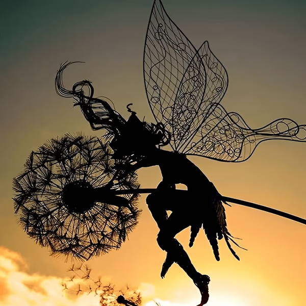 Mystical steel fairy sculpture, a whimsical garden decor piece, perfect as an outdoor lawn ornament or indoor accent.