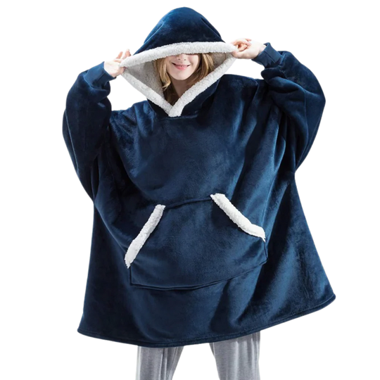 Cozy unisex wearable blanket hoodie in navy blue, designed for maximum warmth & relaxation.