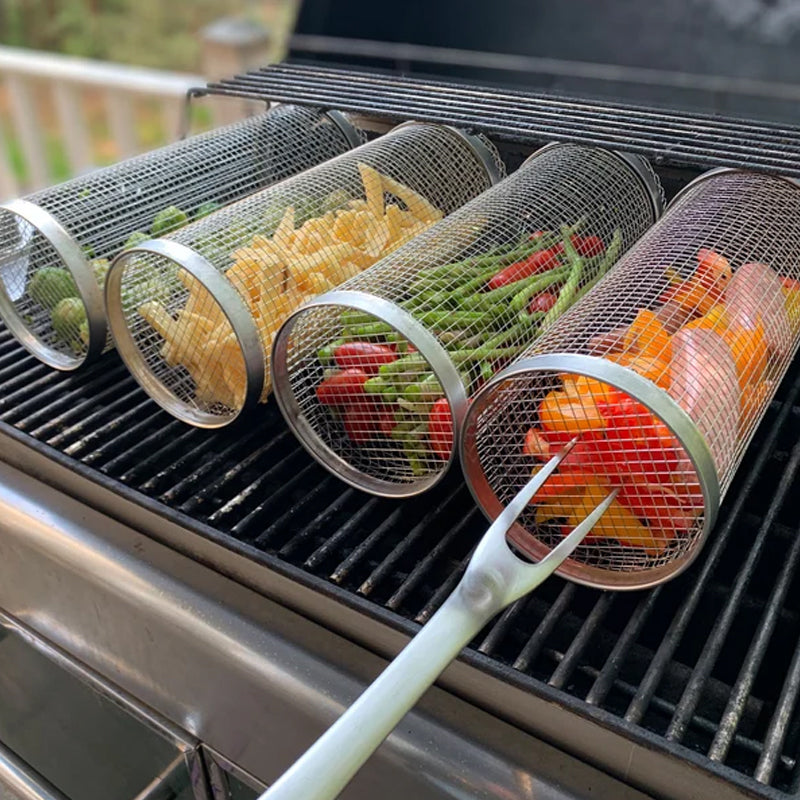 Stainless Steel Rolling BBQ Grill Basket for outdoor cooking. Perfect for even grilling of vegetables & meats.