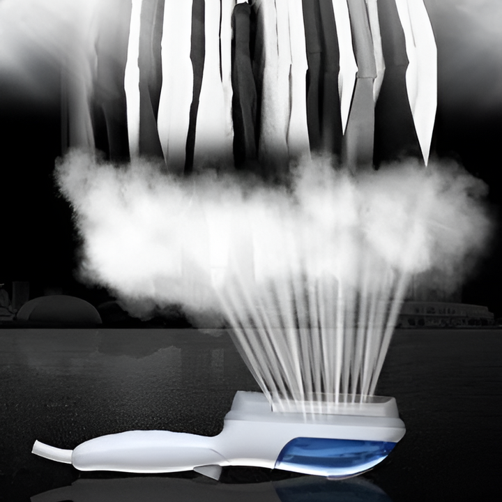 Handheld portable garment steamer removing wrinkles from a shirt, providing quick and easy fabric care.