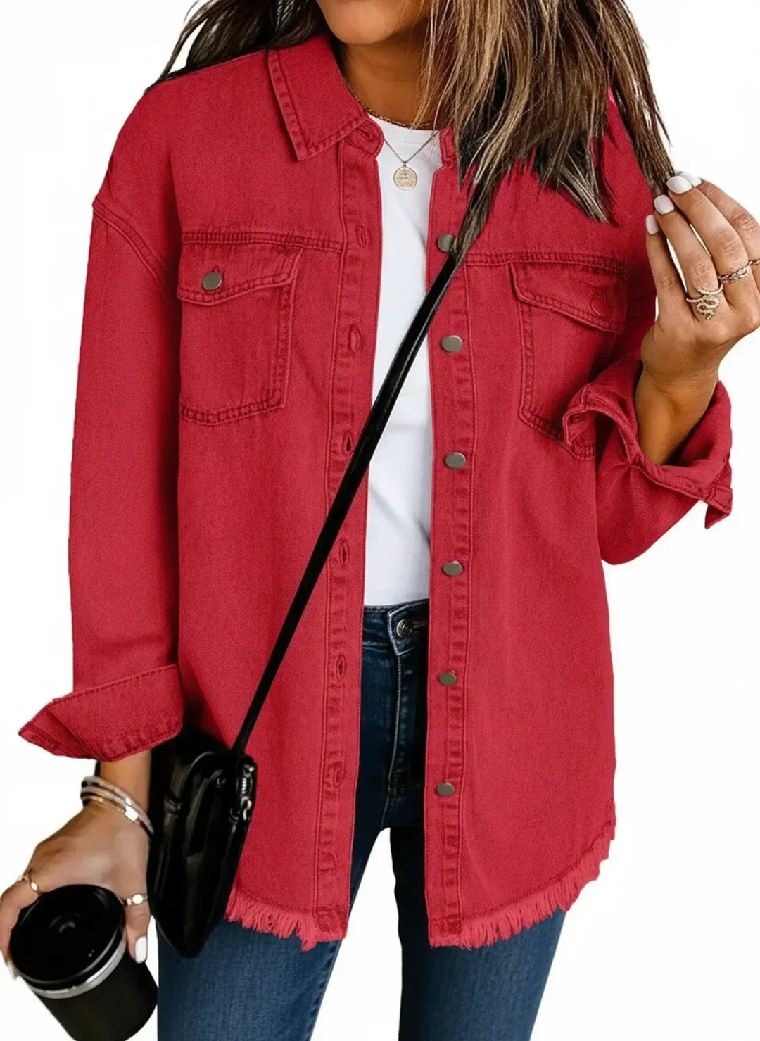 Versatile women's layering shirt jacket. Oversized design with a chic fringe hem and button closure.