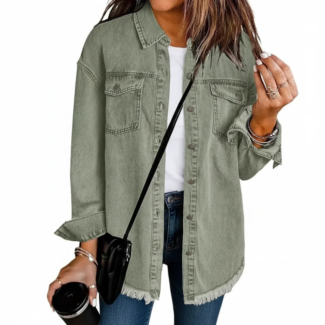 Trendy women's outerwear: oversized shirt jacket featuring a relaxed fit, button front & fringe hem.