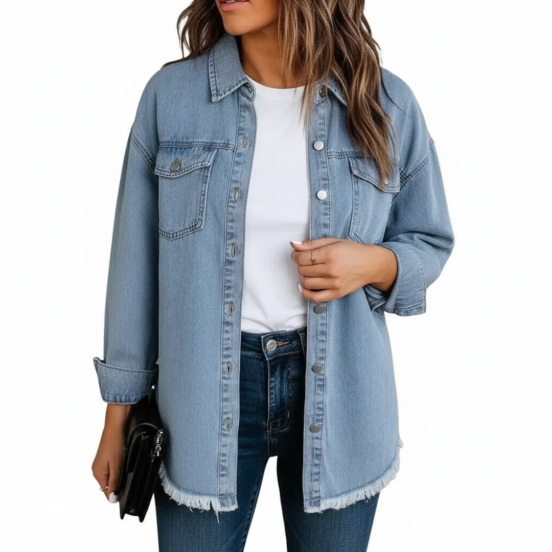 Chic women's oversized shirt jacket. Relaxed fit, button-down, and a trendy fringe hem for layering.