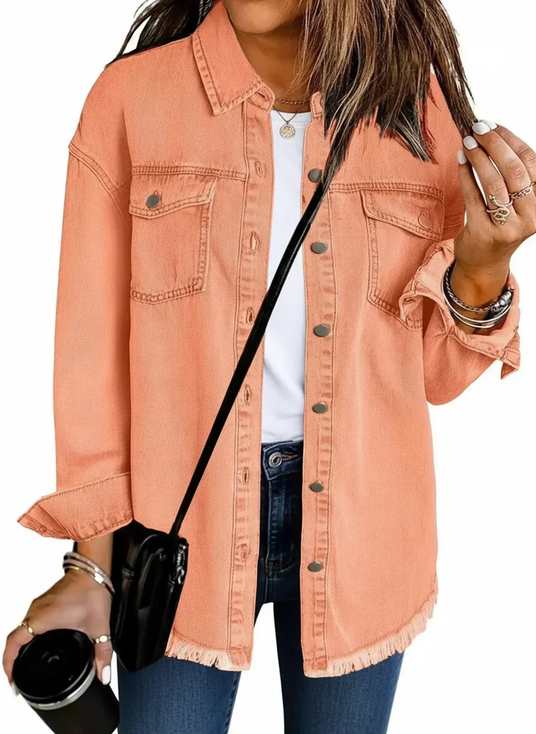 Women's button-down shirt jacket, oversized and trendy. Perfect for layering with its chic fringe hem.