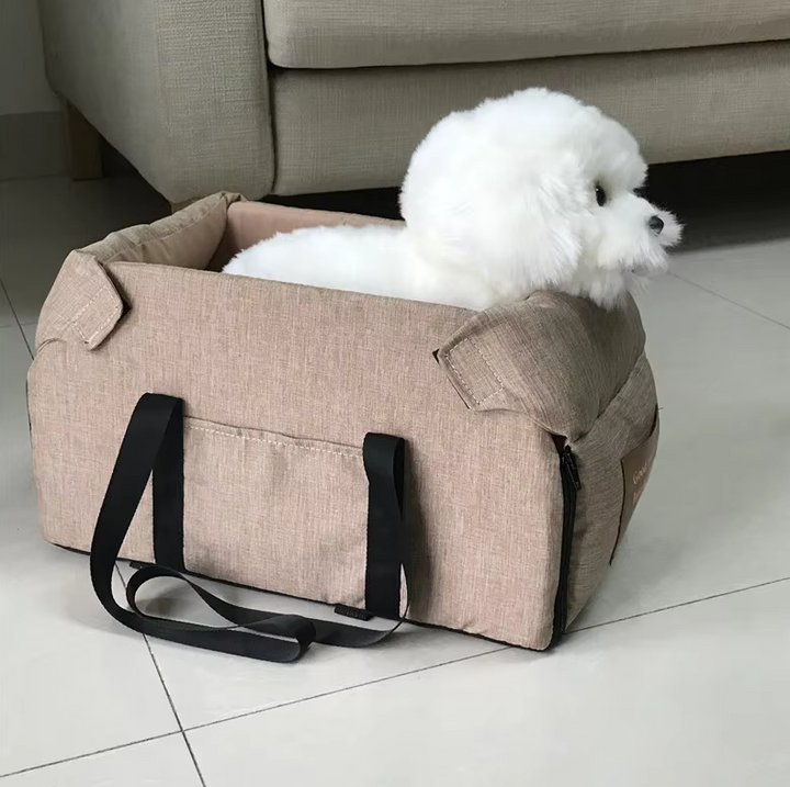 Fully assembled padded dog car seat, ready for installation in a vehicle.