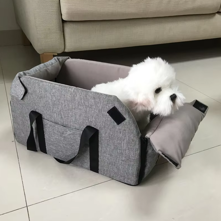 Dog car safety seat with reinforced sides, offering maximum protection and comfort.