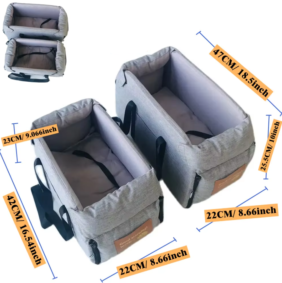 Grey padded dog car seat, portable and easy to install for safe pet transport.