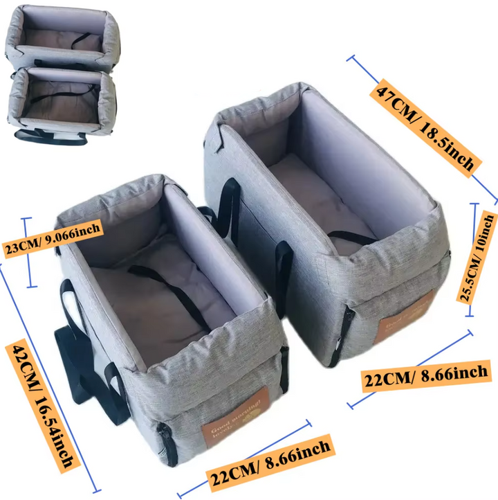 Grey padded dog car seat, portable and easy to install for safe pet transport.