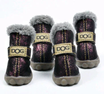 Dog enjoying outdoor winter walk, wearing durable paw protection snow boots