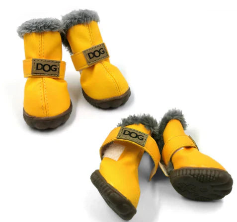Various colors of unisex dog snow boots displayed for pet paw protection