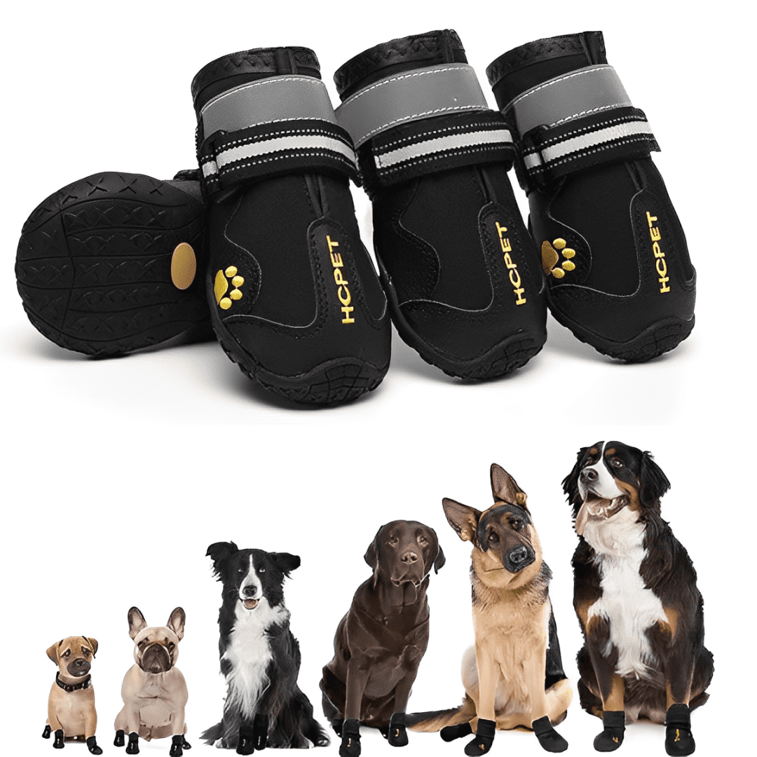 Four waterproof dog boots, black with reflective accents, offering paw protection for pets.