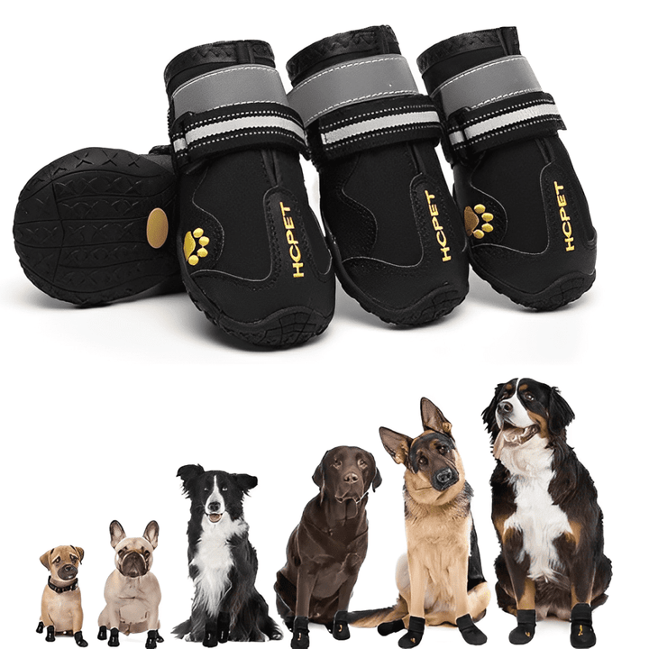 Four waterproof dog boots, black with reflective accents, offering paw protection for pets.