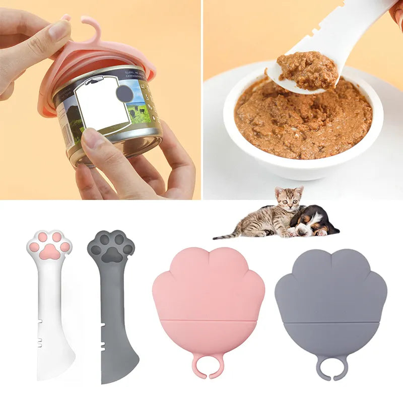 Pet food dispenser and can opener, silicone, paw shape, essential cat mealtime tool.
